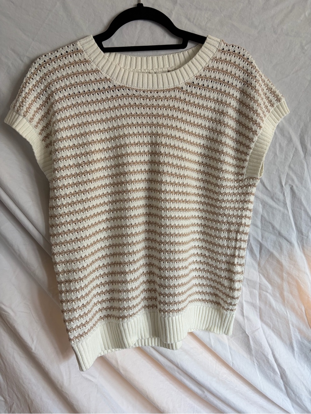 Cream & Beige Striped Knit Short Sleeve Sweater - Layering Top